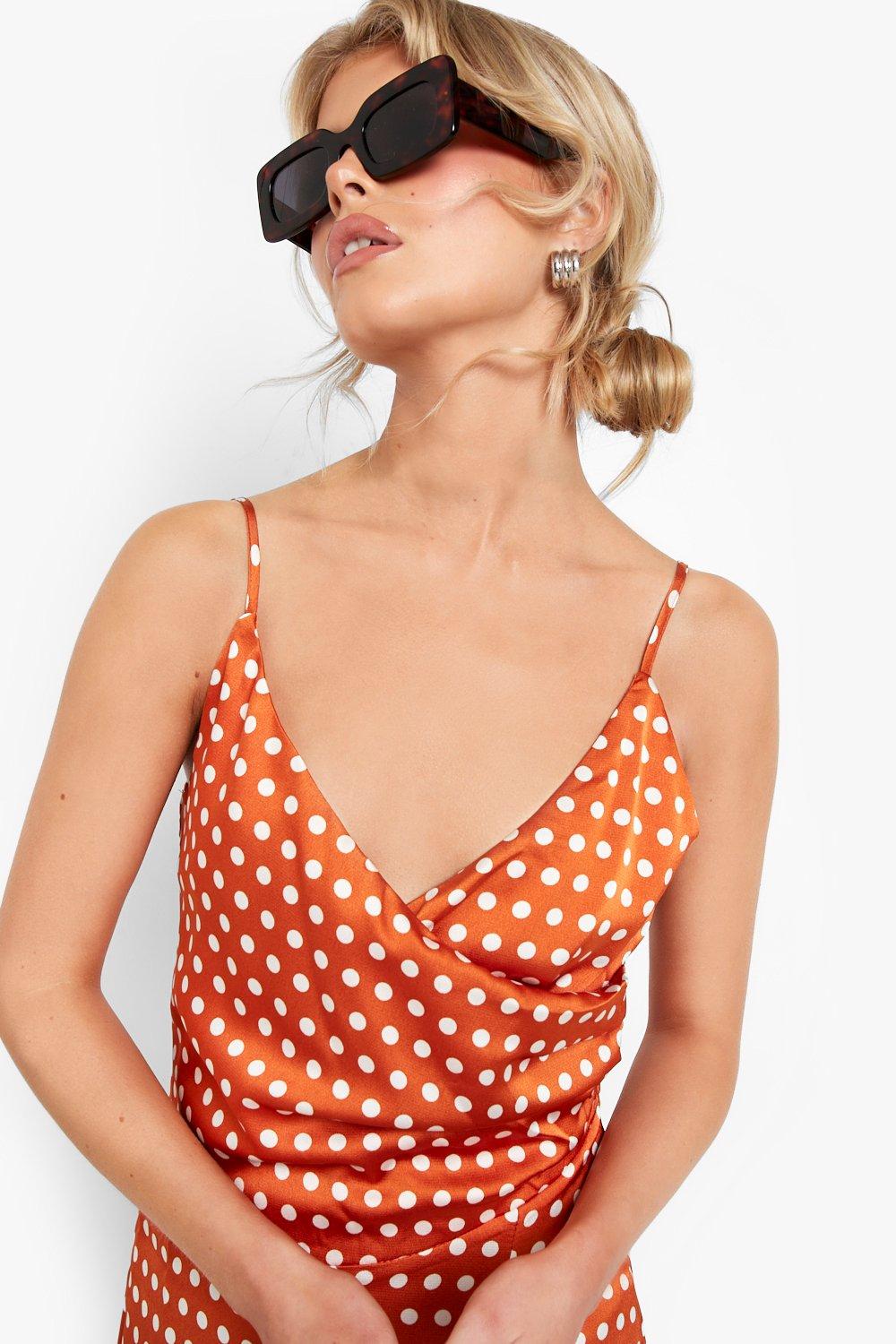 Satin polka dot wrap dress hotsell